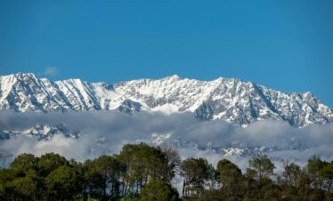 Stunning scenic view of snowcapped mountains beneath a clear blue sky with lush greenery below.